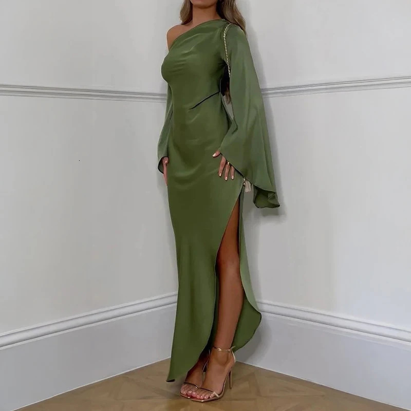 Green asymmetrical ultra-thin womens dress sexy off shoulder long sleeved party dress autumn elegant side split A-line dress 250328