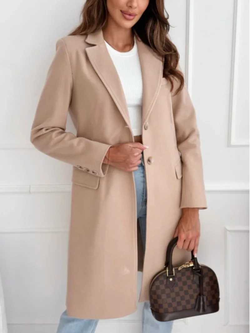 Womens British Suit Collar Solid Color Woolen Coat Autumn Winter Simple Medium Long Elegant and Fashionable Warm Coat JacketT251101