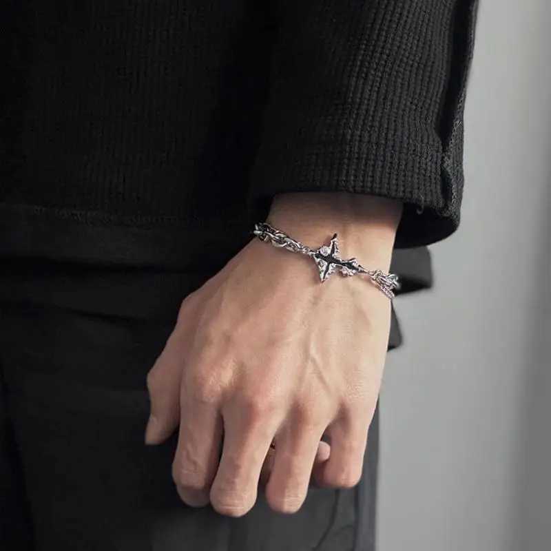 Retro Gothic Black Cross Bracelet Mens Niche Design Punk Hip Hop Pop Jewelry Gifts Luxury Trendy Accessories Y250329