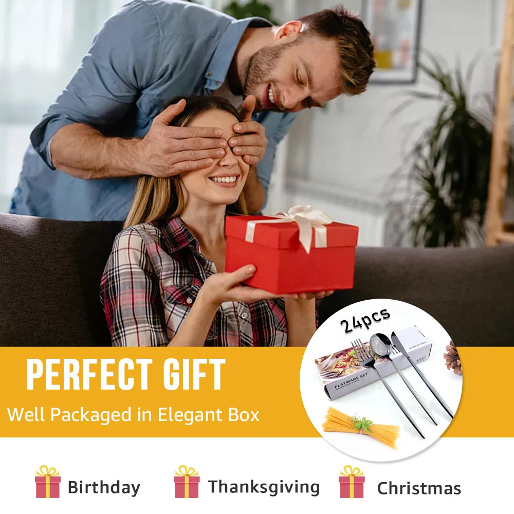 24pcs Black Western Dinnerware Set Stainless Steel Cutlery Set Fork Knife Spoon Tableware Set Flatware Set Silverware Set 250325