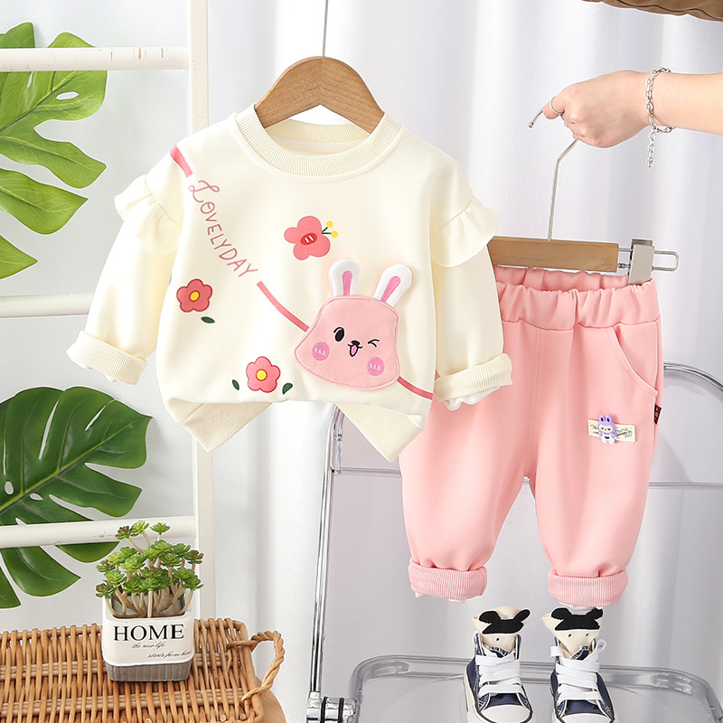 girls clothes 2025 Girls Bunny Hoodie Set 2-Piece Cartoon Print Tracksuit Casual Sports Style Comfortable Spring Fall Outfit