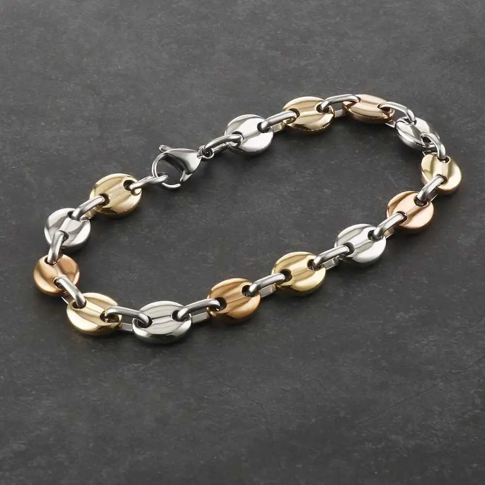 9mm Black Silver Stainless Steel Bracelet Coffee Bean Chain Bracelet Mens Hip Hop Mens Jewelry Gift Y250329