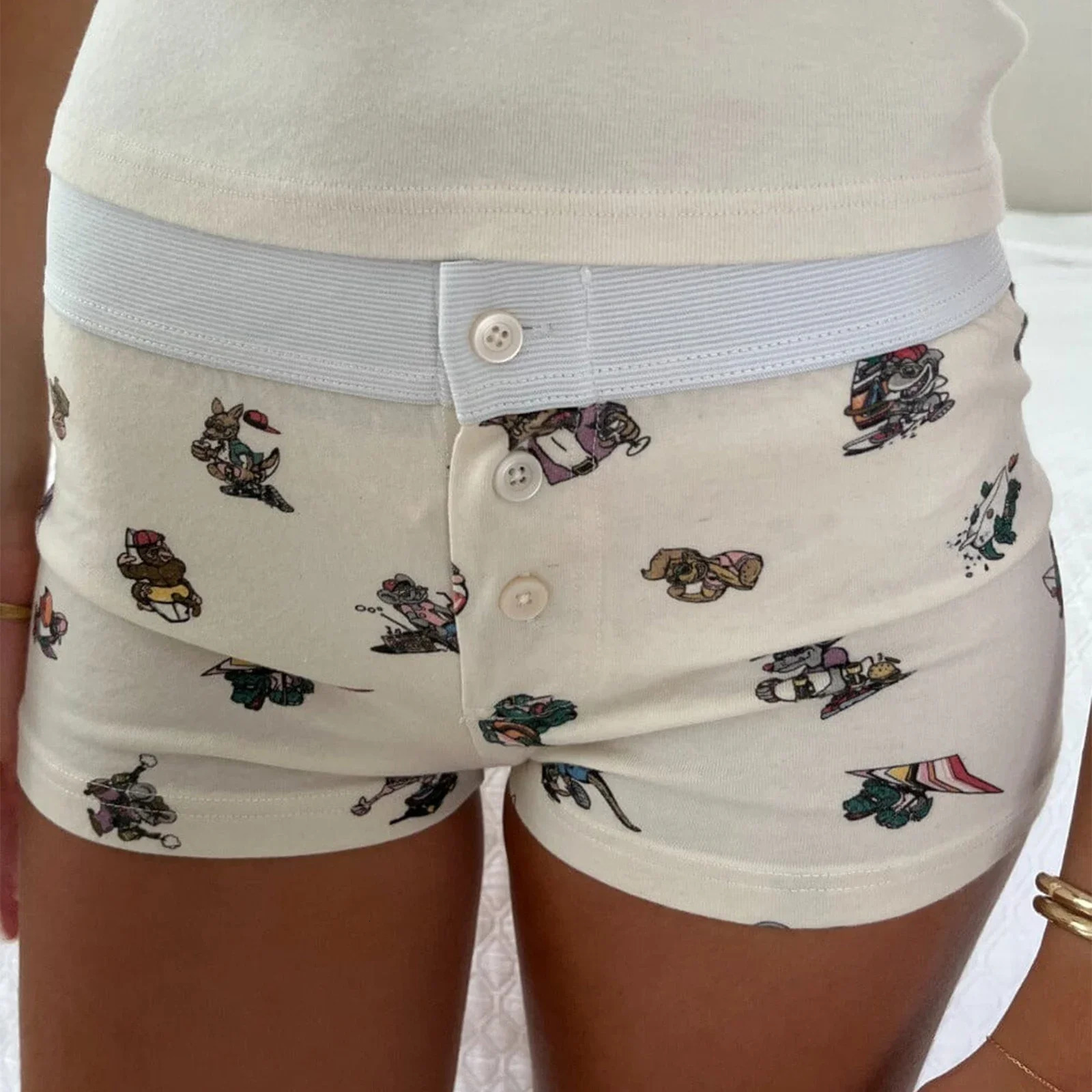 Womens Loungewear Shorts Y2K Vintage Low Waist Button Closure Graphic Printed Aesthetic Slim Pajama Bottoms Sleepwear 250401
