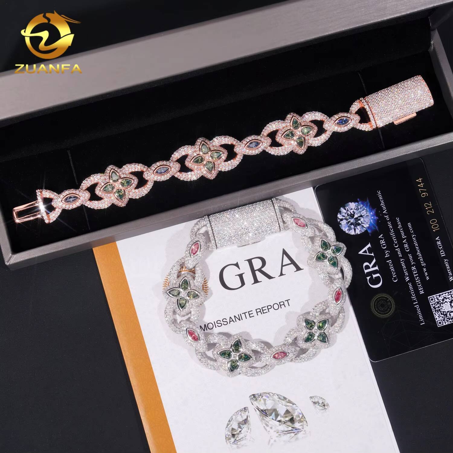 Hip Hop Jewelry 20mm VVS Color Moissanite Cuban Link Bracelet 925 Silver Pass Tester Flower Moissanite Bracelet Rapper Jewelry