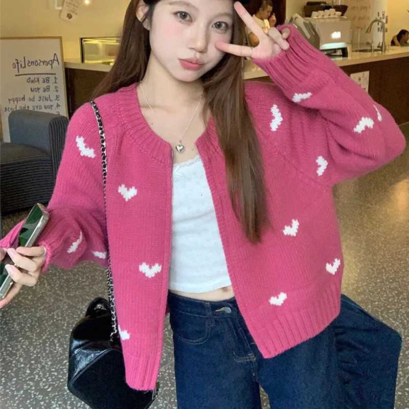 Korean Heart Pattern Knitted Cardigan Women 2025 Y2K Mix Color Long Sleeve Cardigan for Woman Crew Neck Zipper Up Outwear MujerT251101