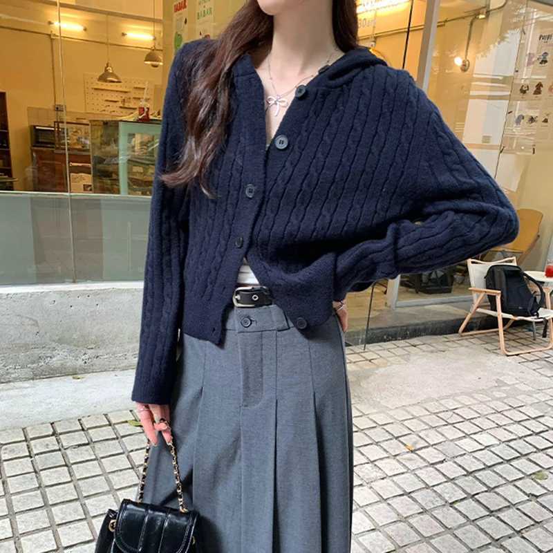 Gray Twist Knitted Cardigan Jacket Women Autumn New Vintage AllMatch Hooded Sweater Coat Fashion Single Breasted Hoodies WomanT251101