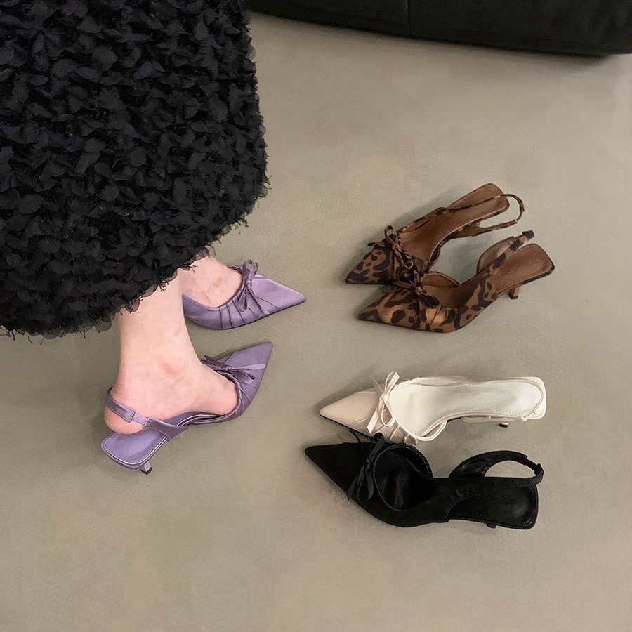 Niche high heels leopard print toe sandals fairy shoes 2024 new summer style pointed bow single shoes 240827