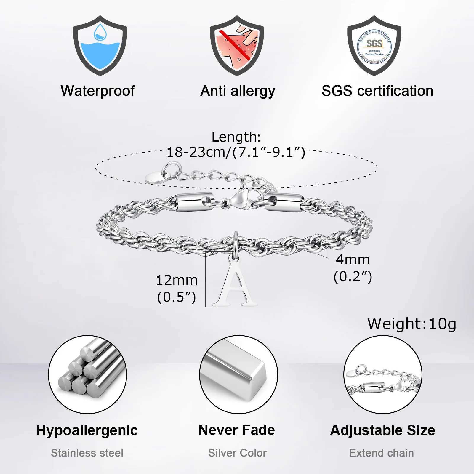 Vnox Mens Twisted Rope Bracelet with A-Z Letter Talisman Waterproof Silver Chain Bracelet Christmas Gift Y250329