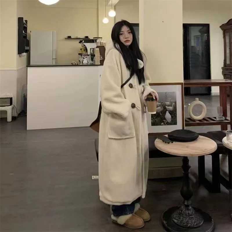 Midlength Wool Coat Women Autumn and Winter Double Breasted Solid Color Long Sleeve Preppy Style Office Lady Hooded Coat FemaleT251101