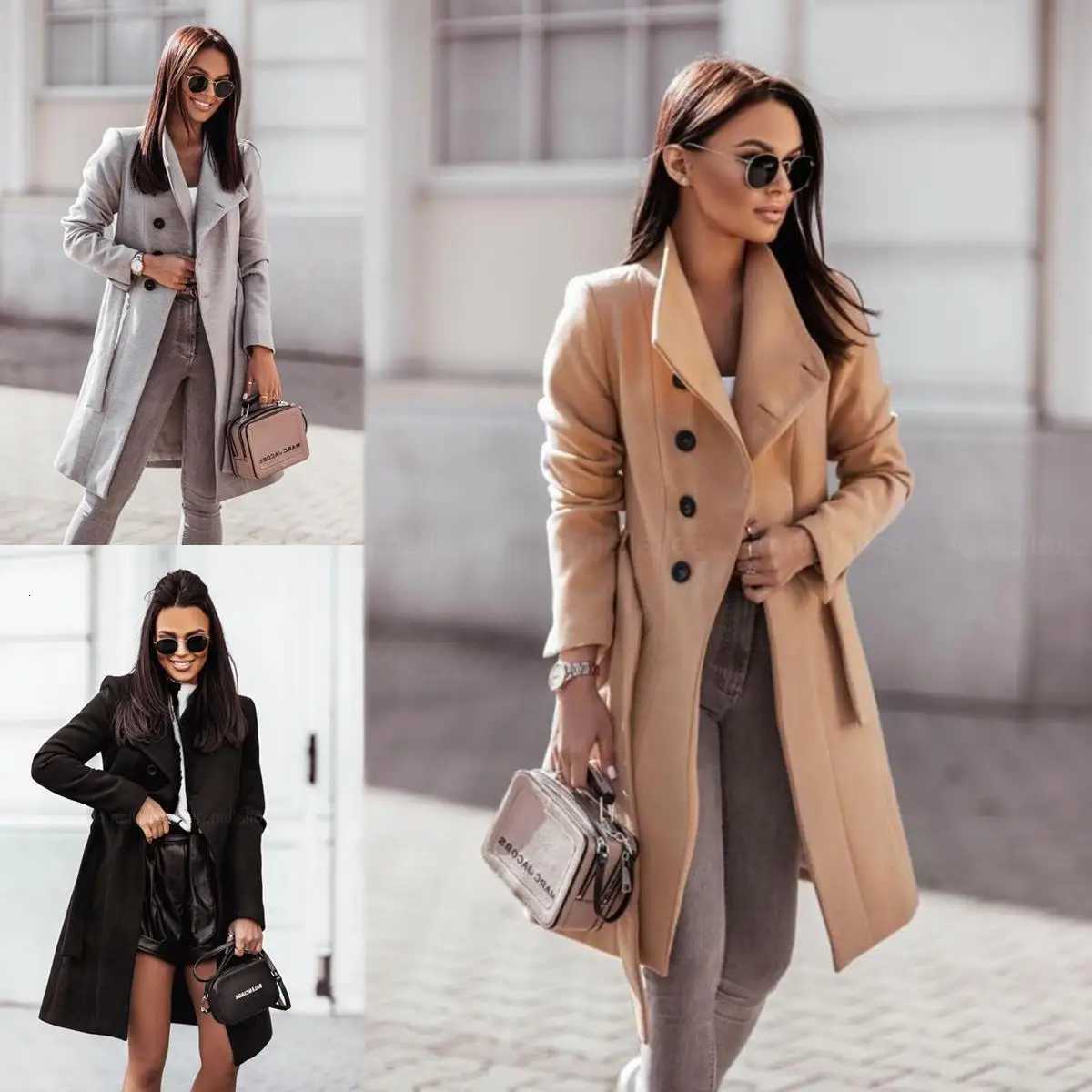 2022 Elegant New Casual Winter and Autumn Woolen Coat Solid Color Bandage Woolen CoatT251101