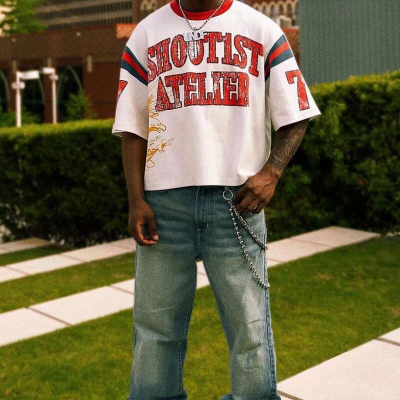 American Casual Hip-Hop Patchwork T-Shirt For Men Gothic Fashion Sports High Street Y2k Retro Loose Couple Oversized Top