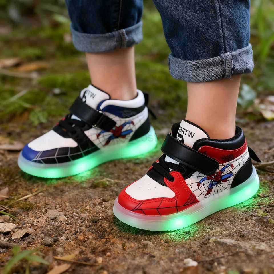 Disney Childrens Sneakers Boys Girls Spiderman Led Light Sport Shoes Student Shoes Hook Antislip Kids Outdoor Basket Shoes H251101