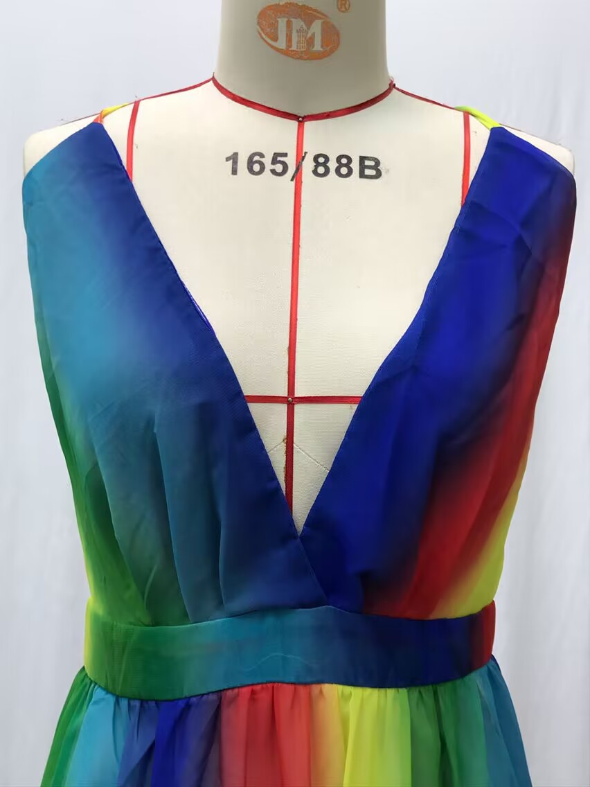 Rainbow Dress Casual V Neck Mesh Midi Dress Women Clothing Long Dress for Women