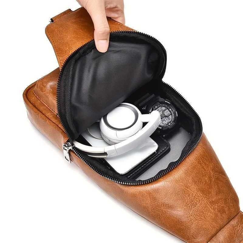 1pcs Vintage Waterproof PU Crossbody Bag AntiStain Large Capacity Casual Outdoor Travel Chest Pack Fashionable shoulder bagW251101