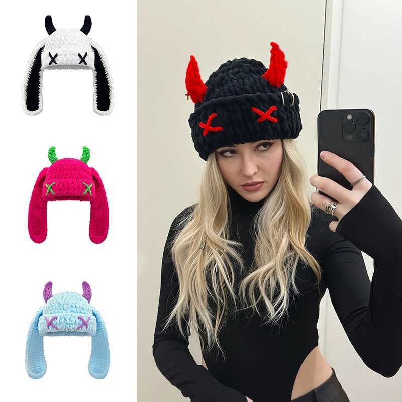 Unisex Autumn Winter Handmade Crochet Knitted Hat Soft Warm Long Ear Beanie Hat Men Women Casual Y2K SkullCap Hats Ski CapsXJ251101