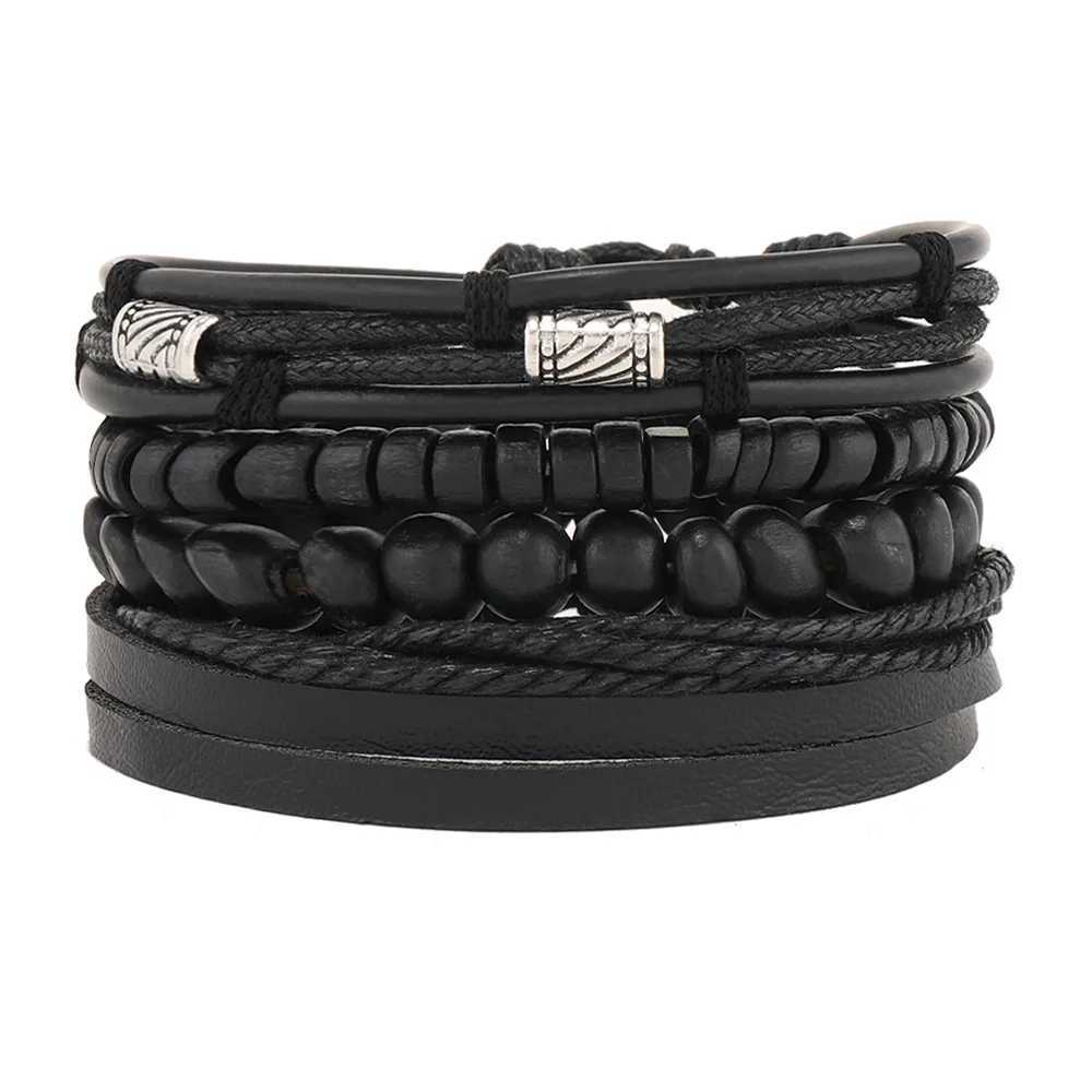 Leather Bracelet Mens Hand Woven Beaded Leather Bracelet Multi Layer Set with Adjustable Bracelet Charm Bracelet Mens Accessories Y250329