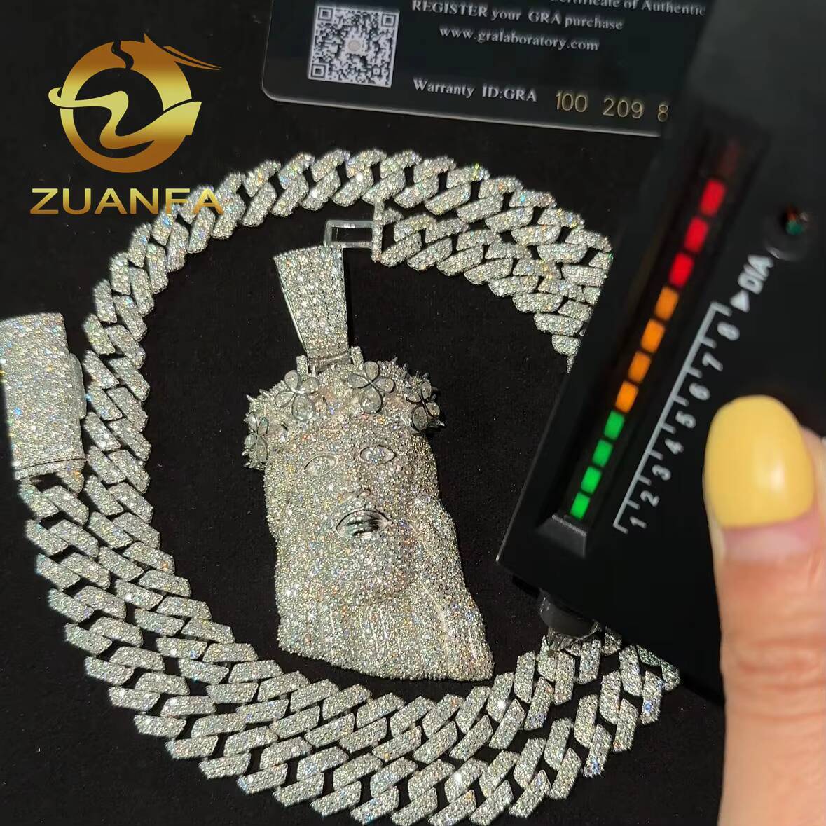 Fast Shipping 10mm Cuban Link Moissanite Chain Hip Hop Jewelry with Jesus Head Pendant Cuban Link 925 Silver Iced Out Cuban Set