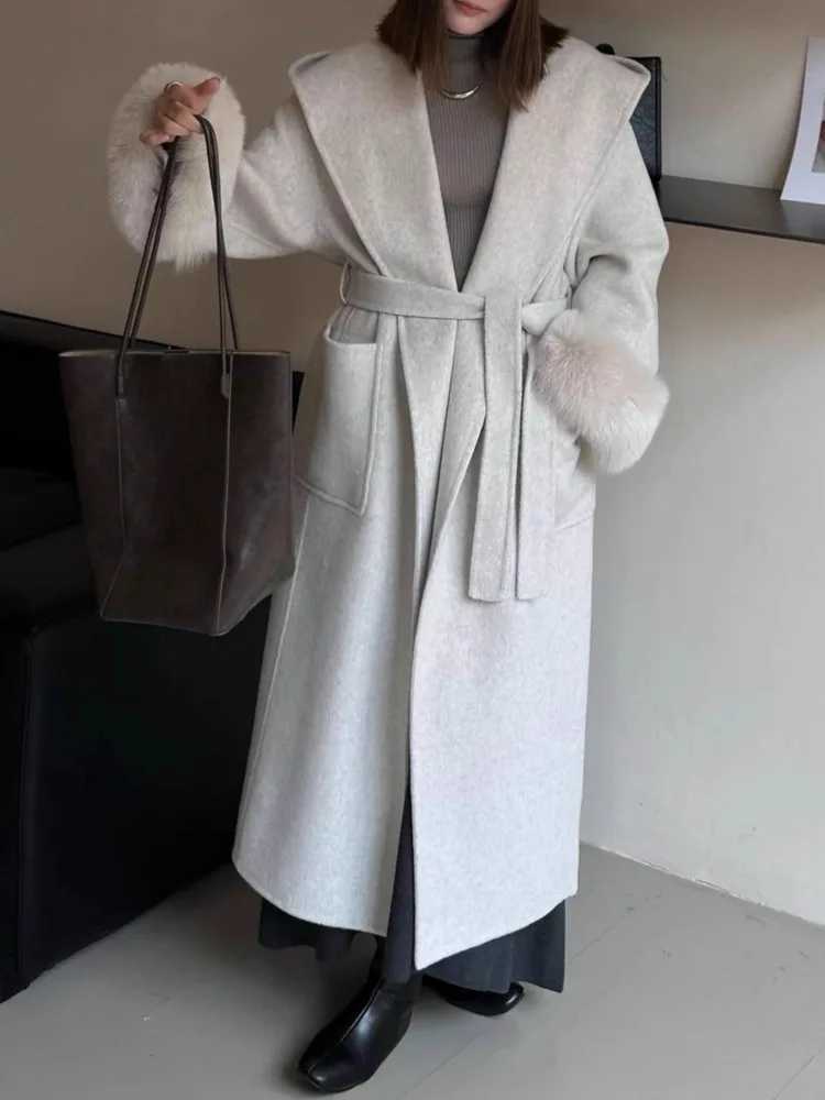ZMEENNA Womens Long Wool Blend Coat Oversized Hooded Faux Fur Cuff Tie Belt Warm Winter Outerwear Elegant ZM4436T251101