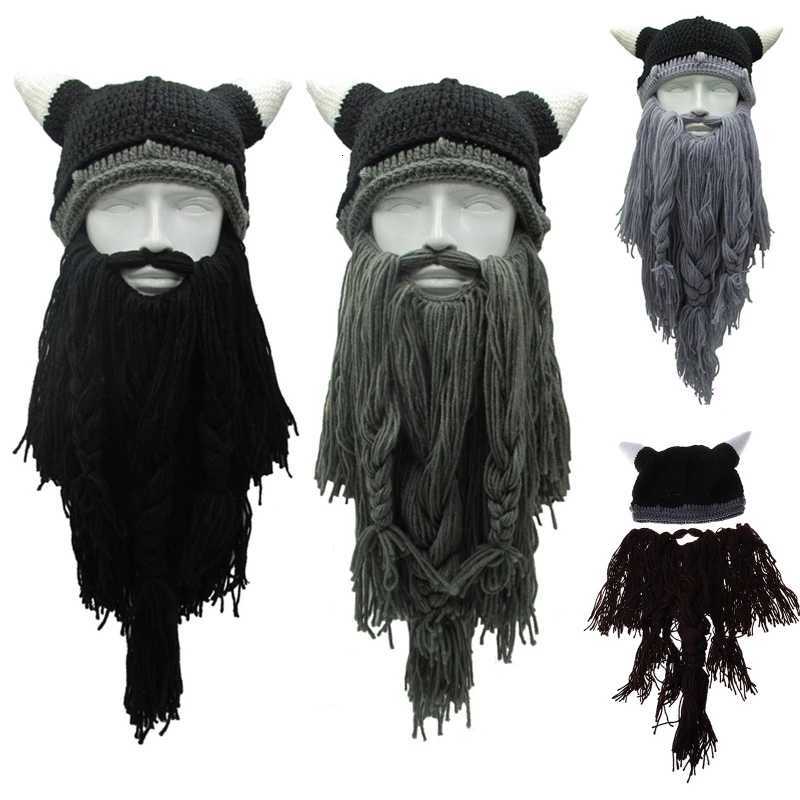 Funny Viking Beard Knit Beanie Hat Winter Warm Mask Cap for Creative Pirate Horn Hat for Halloween Cosplay Masquerade PaXJ251101