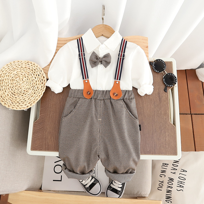 kids clothes 2025 New Toddler Boys Suspenders Outfit Solid Color Long Sleeve Shirt & Overalls 2-Piece Set Cute Fall Clothes