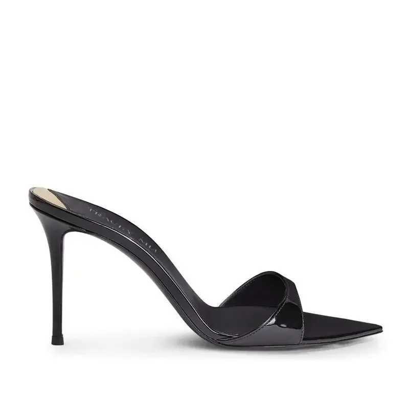 2025 Summer New Pointed Toe High Heels Womens Patent Leather Sandals Single Shoulder Strap Thin Wedge Black Paradigm Simple Design Z250401