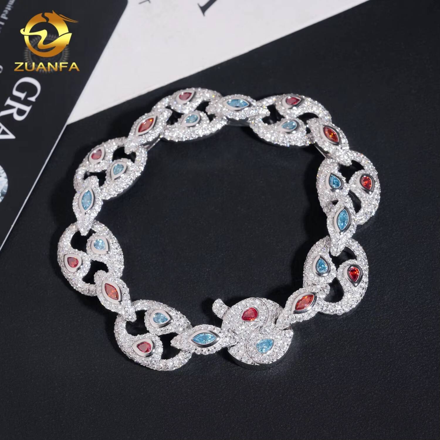 Top Quality 16mm Iced Out Color Diamond Moissanite GRA Certificate 925 Silver Hip Hop Bracelet