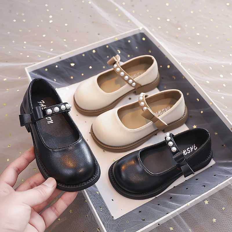 Beaded Strap Leather Shoes for Girls 2025 New Autumn Toddler Dress Shoes with Bow Soft Sole Elegant Girls School Mary Jane FlatsT251101