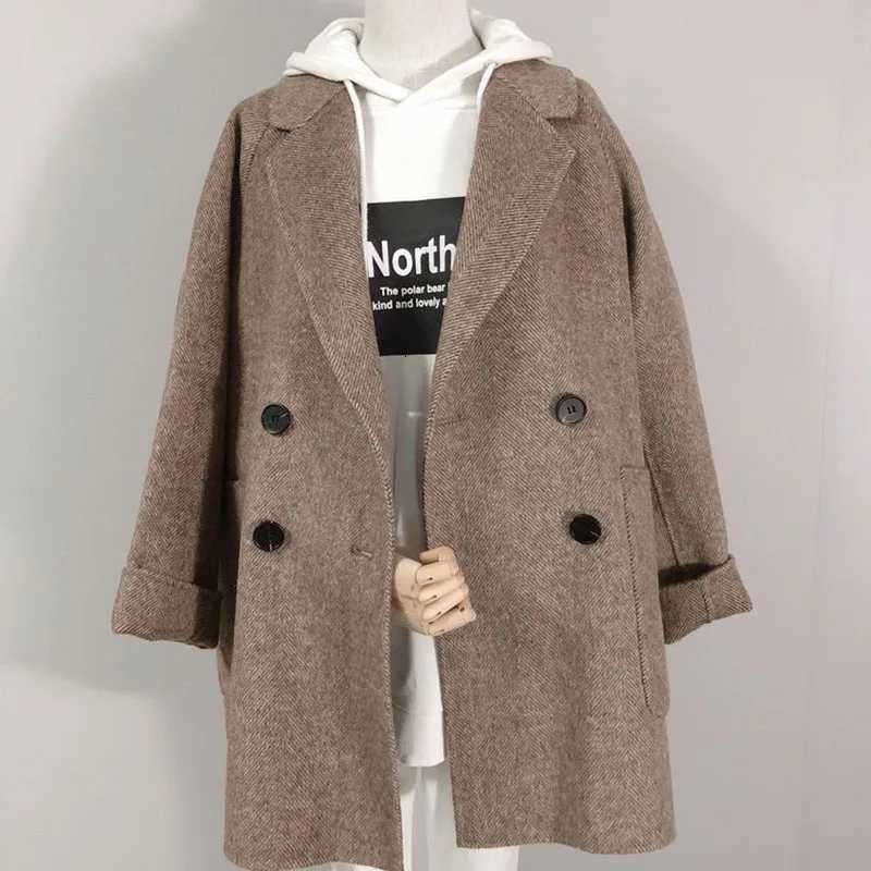Womens Herringbone Pattern Woolen Jacket Imitation Cashmere Blazer Korean Loose Thick Coat Spring Autumn Winter NewT251101