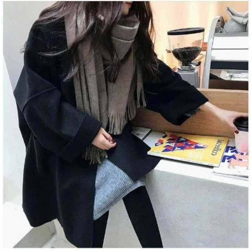 Large Size Womens Autumn and Winter Wool Trench Coat Loose Tweed Coat Cardigan TrendyT251101