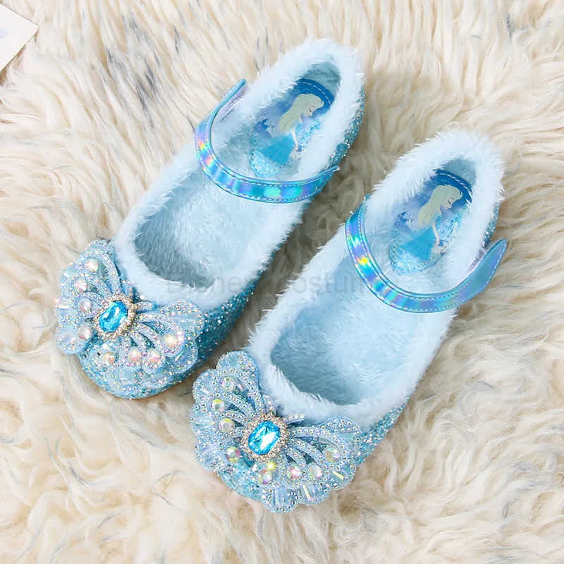 Disney Autumn Fashion Pearl Bow Rhinestone Frozen Elsa Princess Girl Shoes Flat Kids Princess Warm Winter Shoes Size 2336 H251101