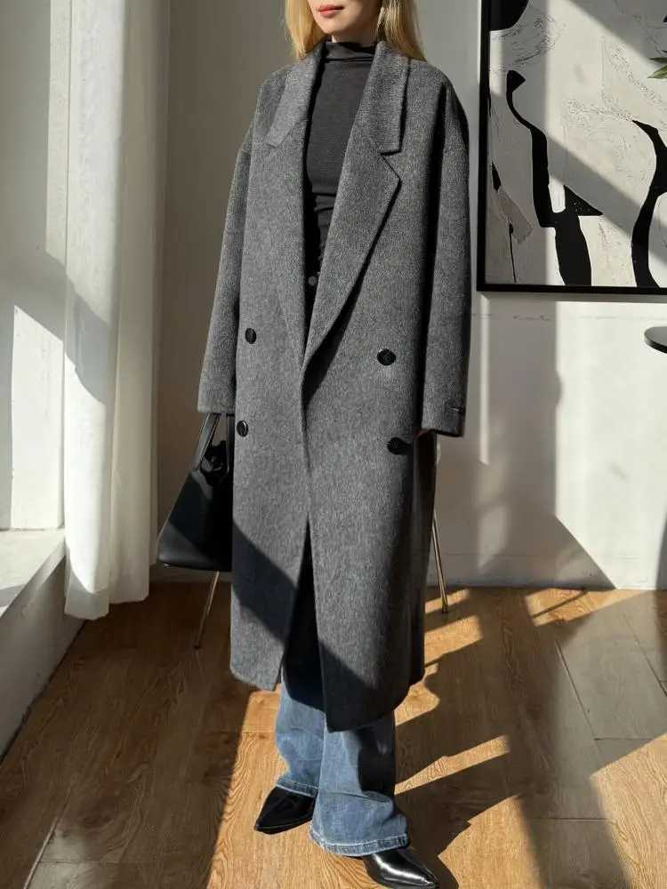 Office Lady DoubleBreasted Alpaca Woolen Jackets 2025 Autumn And Winter HighEnd Lapel Long Loose Womens Wool CoatsT251101