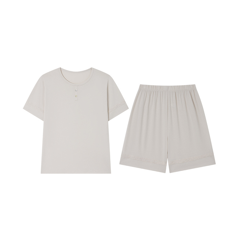 B90-Spring and summer round neck home clothes for women, mulberry silk short-sleeved shorts, loose suit, lace, high-end outerwear pajamas