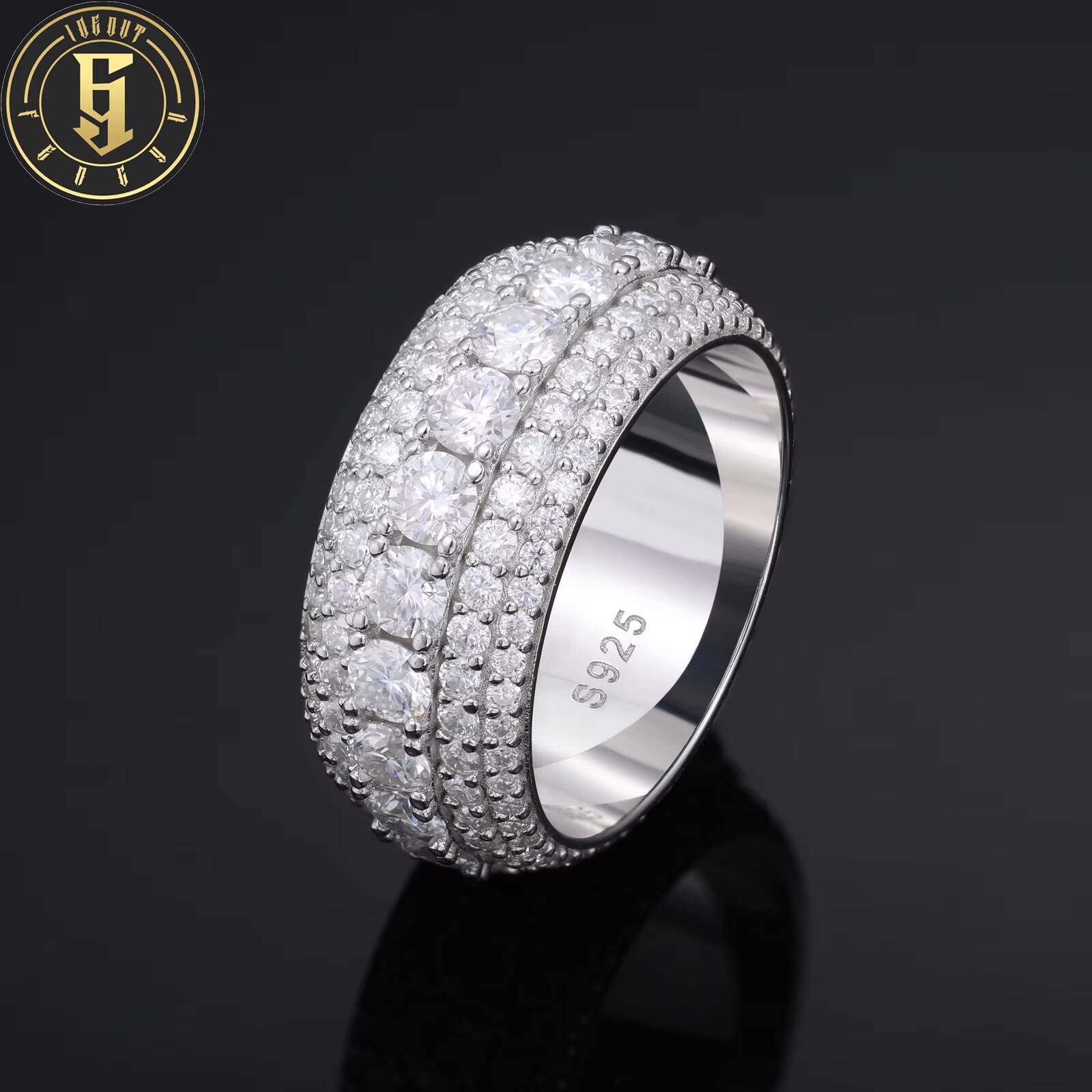 Luxury Hip Hop Jewelry Gift White Gold 925 Sterling Silver 5 Rows VVS Moissanite Diamond Wedding Finger Ring for Men Women