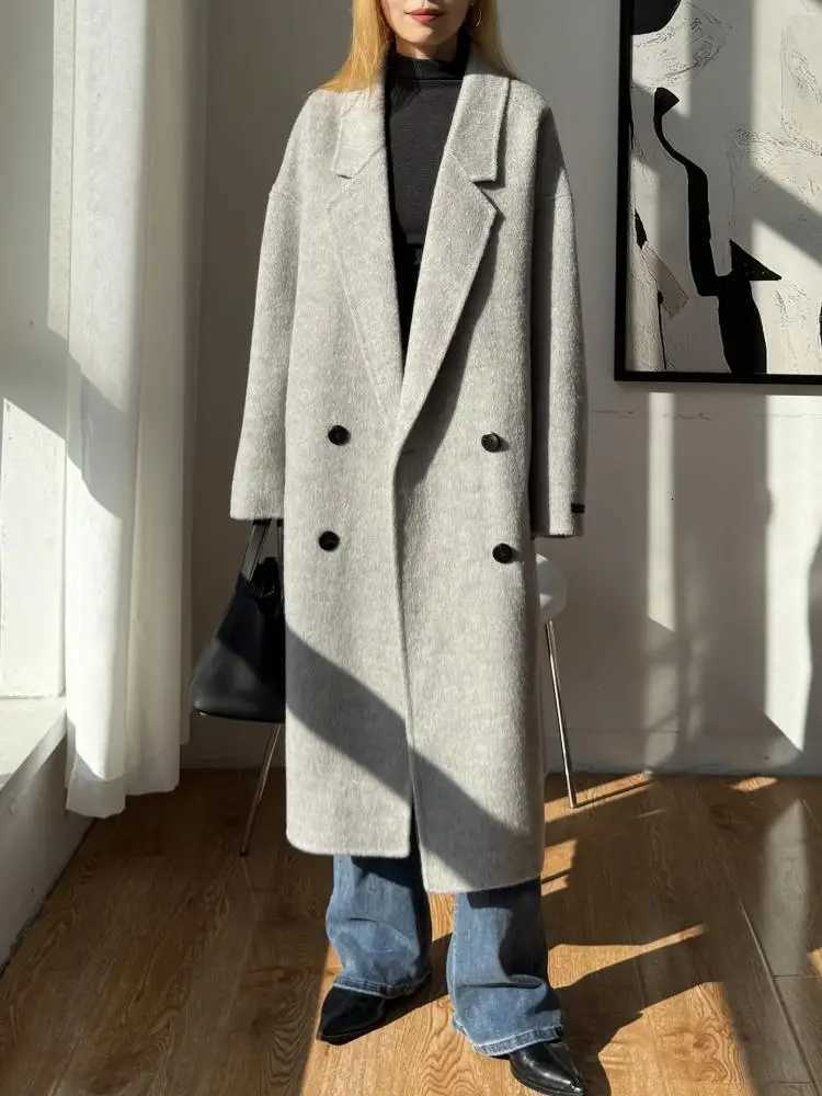Office Lady DoubleBreasted Alpaca Woolen Jackets 2025 Autumn And Winter HighEnd Lapel Long Loose Womens Wool CoatsT251101