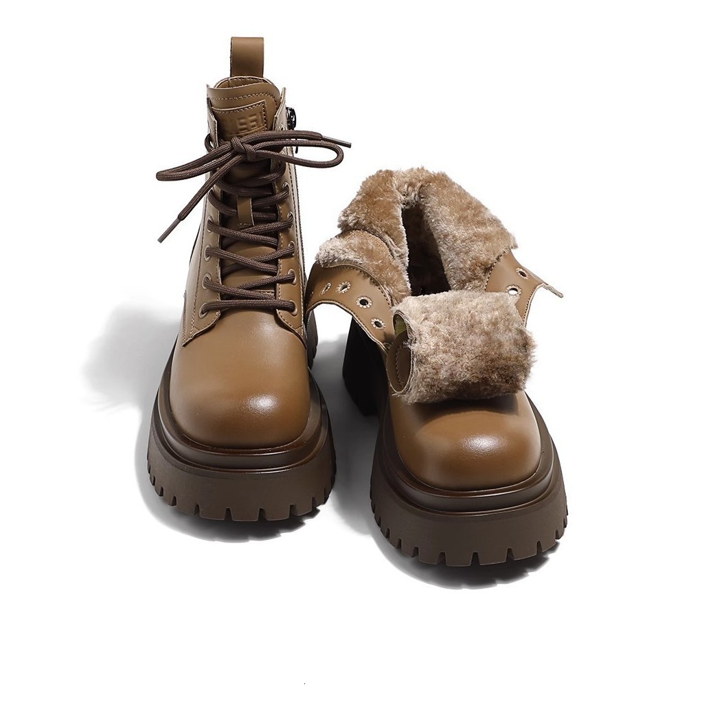 FleeceLined Thickened Snow Boots for Women Warm Large Cotton Shoes Autumn and Winter ThickSoled HeightIncreasing Genuine Leather Martin Short Boots 24