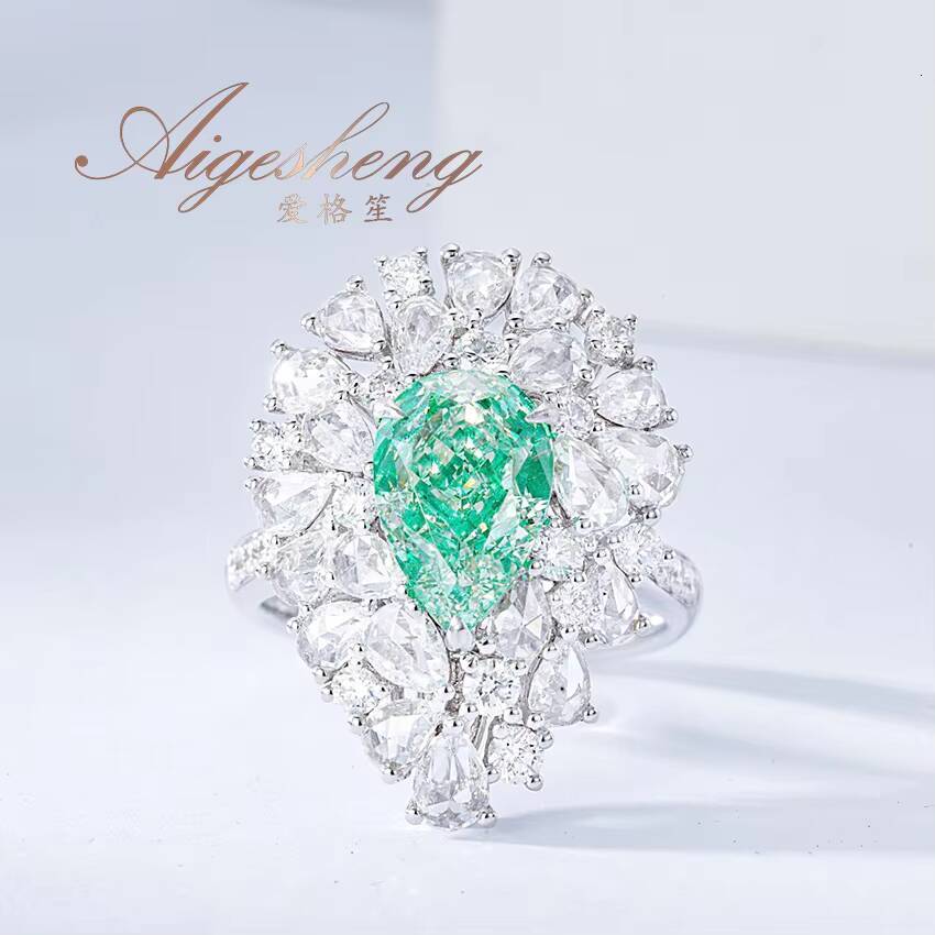 Aigesheng rare Natural Water Drop Green Diamond and Natural White Diamond with GIA Certificate 18K Real Gold Made Ring