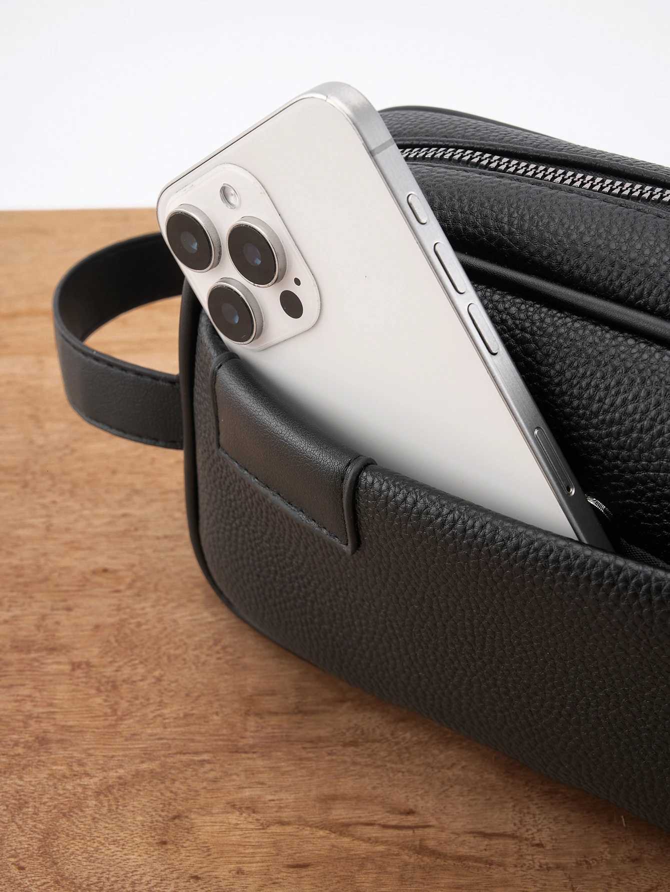 Mens PU Leather Hand Carry Bag Lightweight Textured Design w Detachable Wrist Strap Zippered Pocket Organizer Fits EssentiaW251101