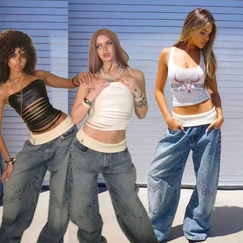 European and American fourseason fashion elastic jeans hiphop gothic splicing retro casual pants womens personalized version J251031