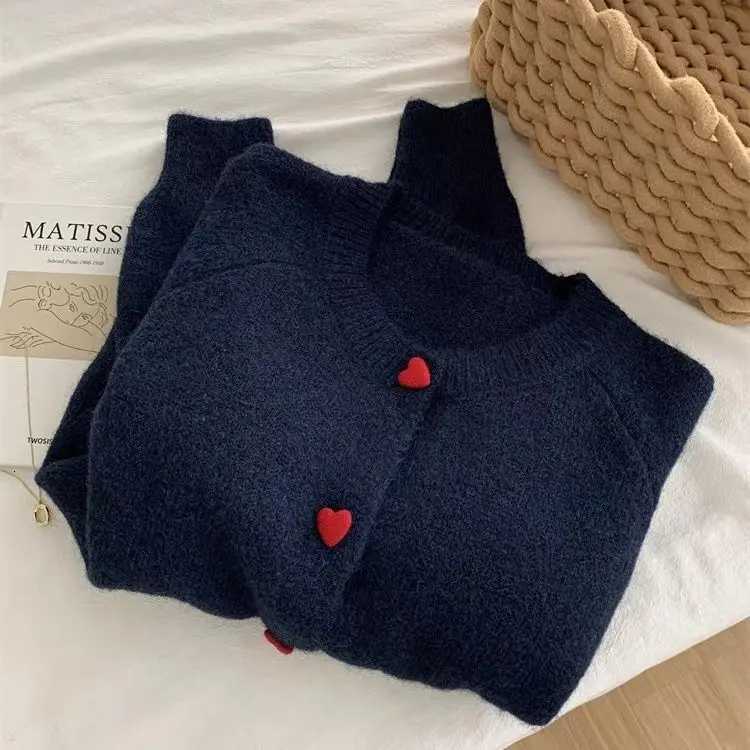 Dark Grey Knitted Cardigan Womens AutumnWinter Vintage Soft Supple Warm Heart Button Raglan Sweater Jacket Crew Neck StyleT251101