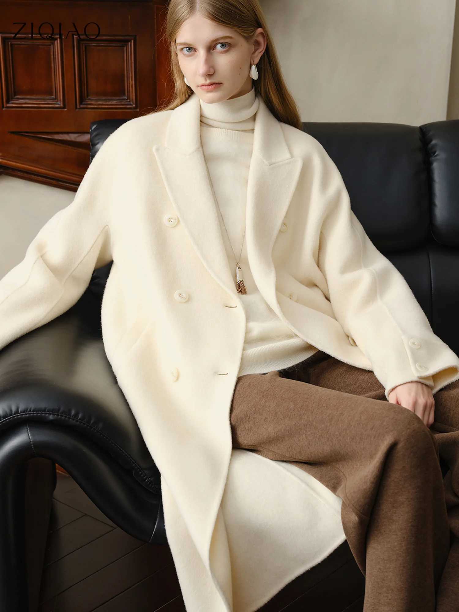 ZIQIAO White Doublefaced Wool Coat Women 2025 New Korean Style Woolen Coat Kneelength Straight Loose Fit ClassicT251101
