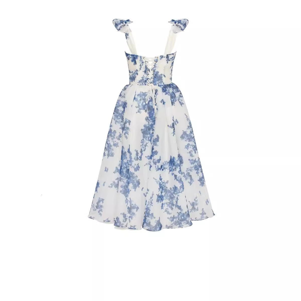 2024 French Super Fairy Vacation Style Camisole Sleeveless Waist Cinched Blue Printed Dress Slim Fit Floor Length Skirt