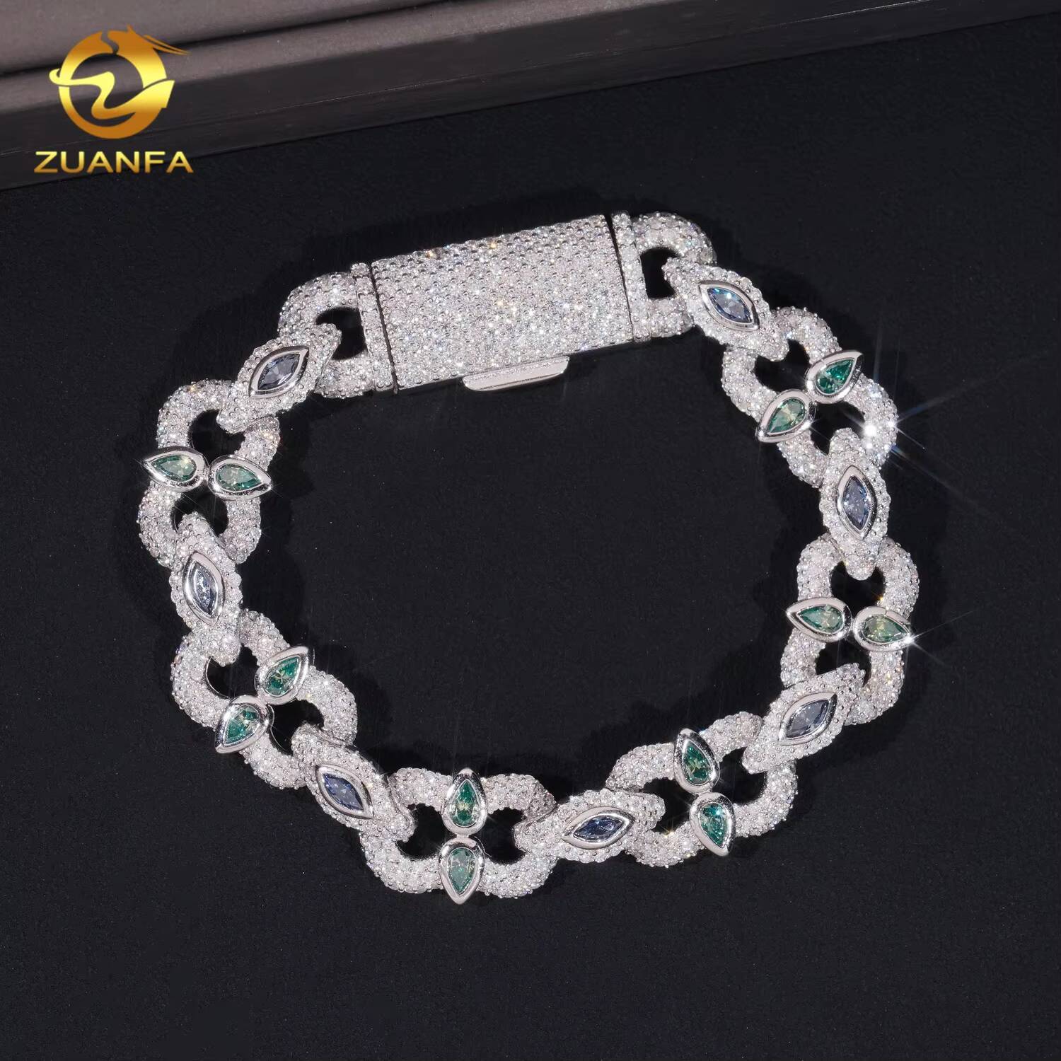 Fashion Color Moissanite Diamond Rapper Bracelet Hip Hop Jewelry Iced Out Unisex Moissanite Cuban Link Bracelet