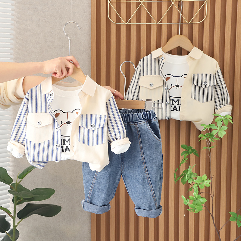 kids designer clothes 2025 Boys Shirt Set Striped Patchwork Long Sleeve Outfit Korean Style Spring Toddler Clothes