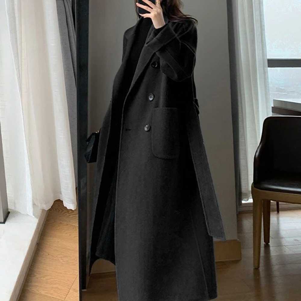Autumn Winter 2025 Coat Women Chic Decent Solid Color Double Breasted Long Sleeve Lapel Long Office Lady Coat For WomenT251101