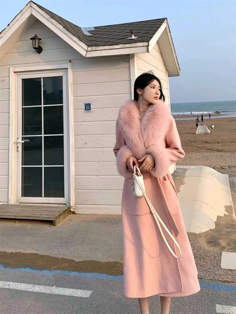 2025 Fox Fur Wool Overcoat Womens Long Coat Office Lady Elegant Doublesided Woolen Coat 2025 New Cardigan Jackets LooseT251101