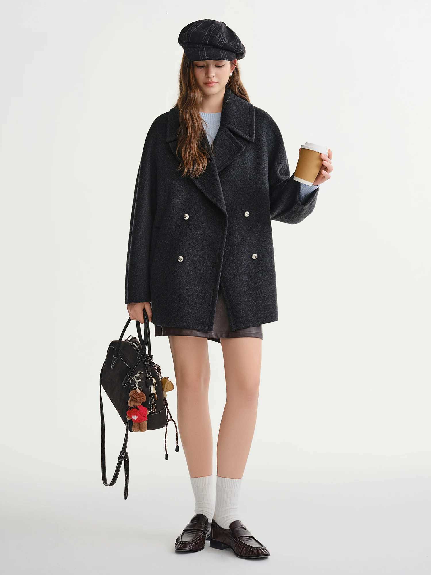 DUSHU Plus Size Womens Wool Tweed Coat 2025 Winter New Arrival Icelandic Encounter Collection Short Coat 100 Wool JacketsT251101