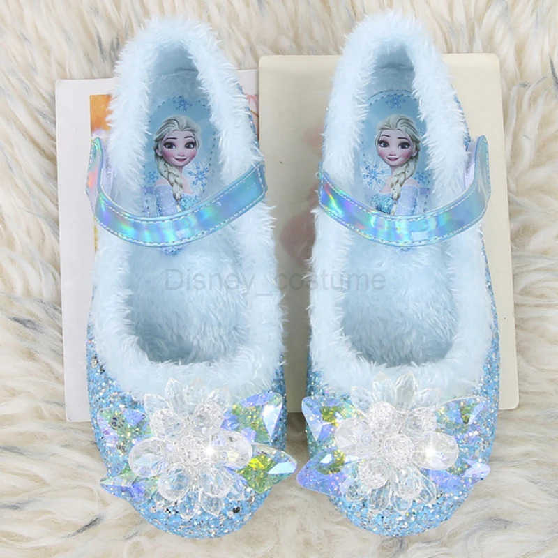 Disney Girls Plush Slippers Frozen Cute Childrens Princess Elsa Winter Cotton Slippers Baby Snow Home Pink Blue Shoes Size 23 H251101