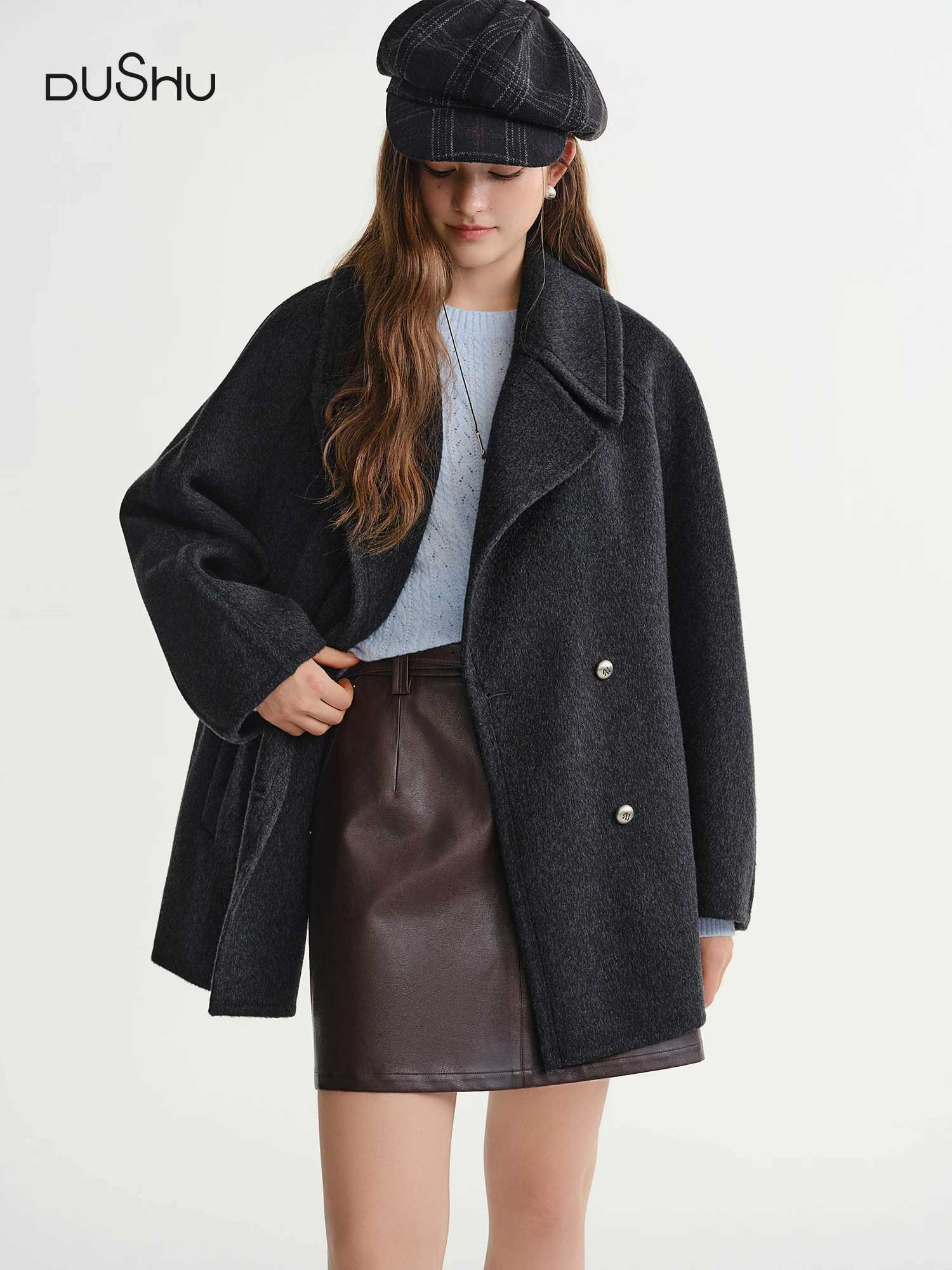 DUSHU Plus Size Womens Wool Tweed Coat 2025 Winter New Arrival Icelandic Encounter Collection Short Coat 100 Wool JacketsT251101