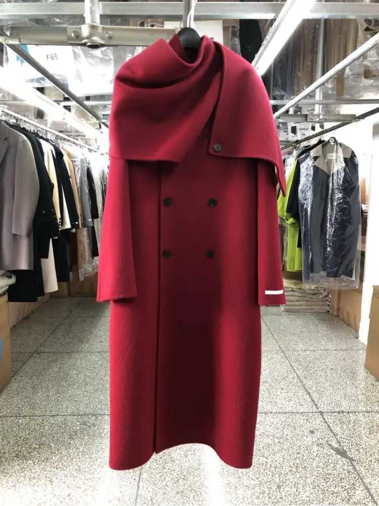 Large Scarf Collar DoubleBreasted Office Lady Woolen Jackets 2024 Autumn And Winter Rabbit Hair Alpaca Women Long Wool CoatsT251101