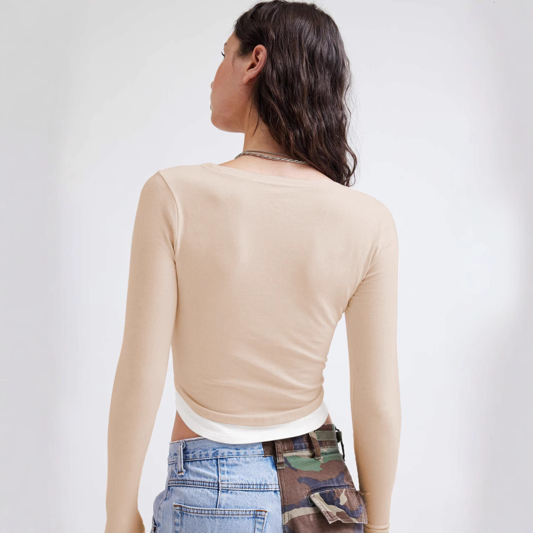 New Y2K American spicy girl pure desire style autumn long sleeved contrasting splicing square neck exposed navel short top T-shirt